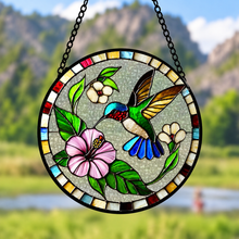Load image into Gallery viewer, Emerald Hummingbird Stained Glass Suncatcher 4"