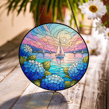 Load image into Gallery viewer, Sailboats/Hydrangeas Stained Glass Suncatcher 7.8"