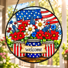 Load image into Gallery viewer, “Welcome” Patriotic Glass Suncatcher 9.8”