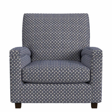 Load image into Gallery viewer, An upholstered armchair with a blue and white geometric pattern, shown from a front-facing perspective against a plain white background.