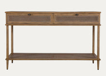 Load image into Gallery viewer, Wooden console table with rattan accents on a white background