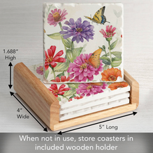 Load image into Gallery viewer, Zinnias & Butterfly Stone Coasters in Wooden Holder S/4