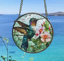 Load image into Gallery viewer, Hummingbird Garden Stained Glass Suncatcher 6"
