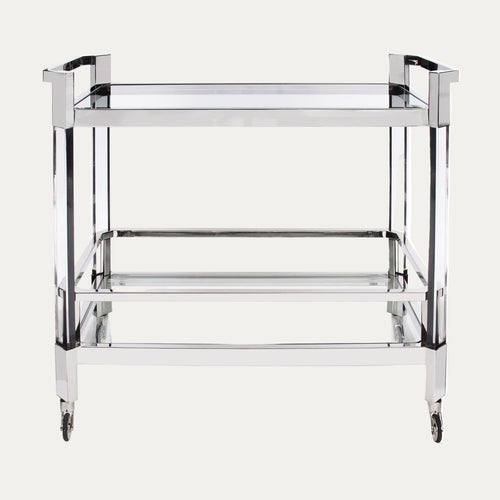 Chrome bar cart with two shelves on a white background