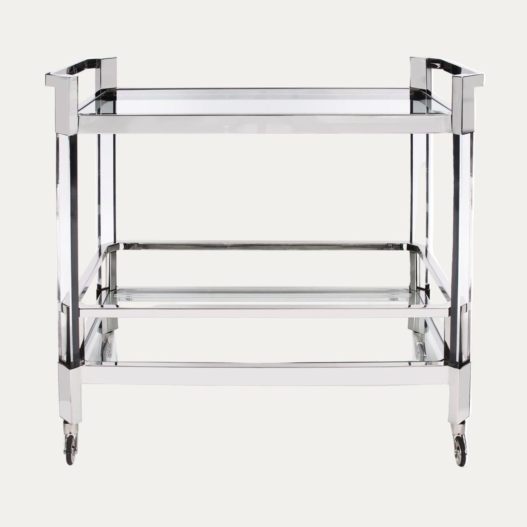 Chrome bar cart with two shelves on a white background