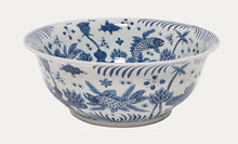 Load image into Gallery viewer, Blue and white ceramic bowl with floral and fish patterns on a white background
