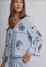 Load image into Gallery viewer, Blue Shell Embroidered Tie-Front Top Collection
