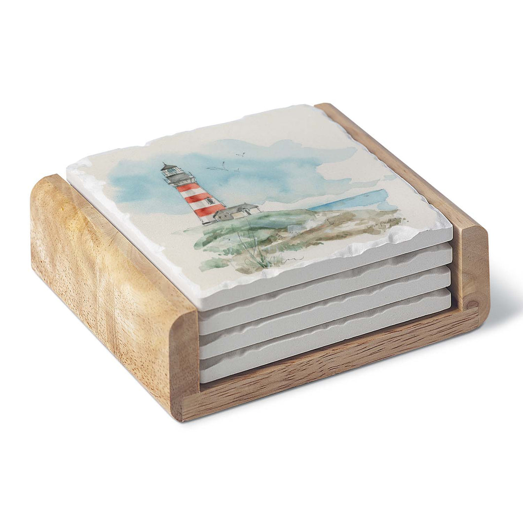 Lighthouse Stone Coasters in Wooden Holder Set/4