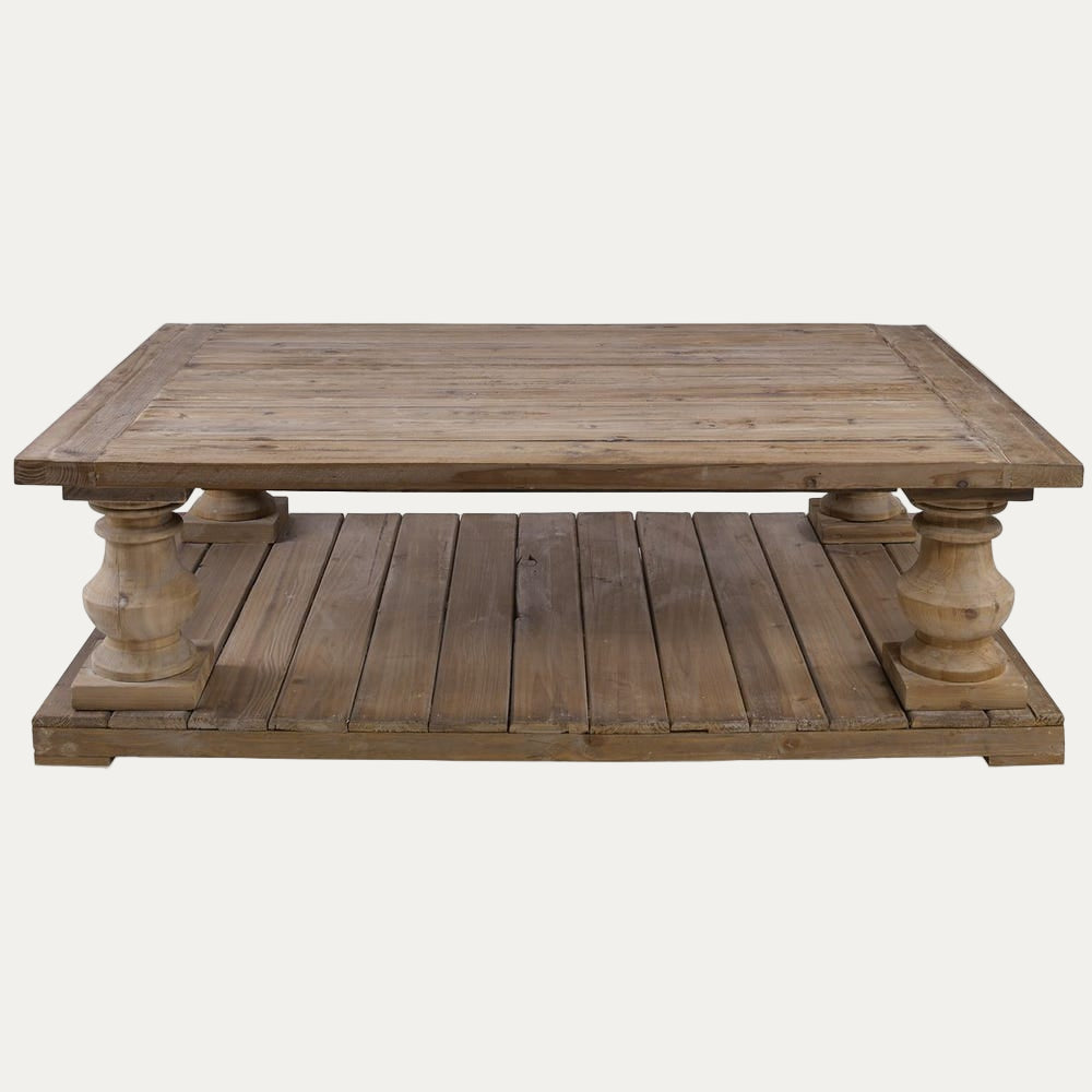 Wooden coffee table with a rustic design on a white background