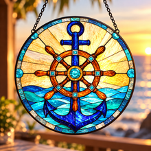 Load image into Gallery viewer, Nautical Anchor Stained Glass Suncatcher 9.8"
