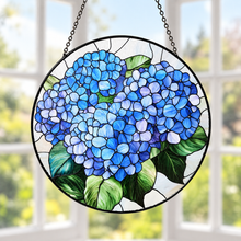 Load image into Gallery viewer, Blue Hydrangea Stained Glass Suncatcher 7.8"
