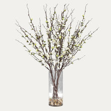 Load image into Gallery viewer, Decorative arrangement of branches with small white flowers in a clear vase on a white background
