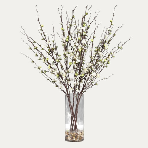 Decorative arrangement of branches with small white flowers in a clear vase on a white background