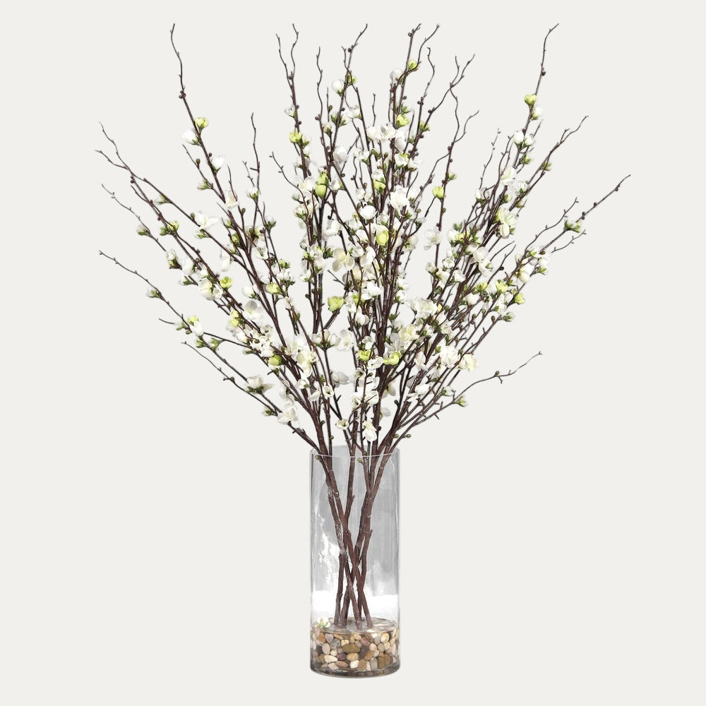 Decorative arrangement of branches with small white flowers in a clear vase on a white background