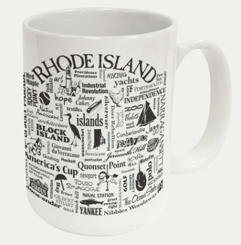 White mug with black text and graphics about Rhode Island on a white background