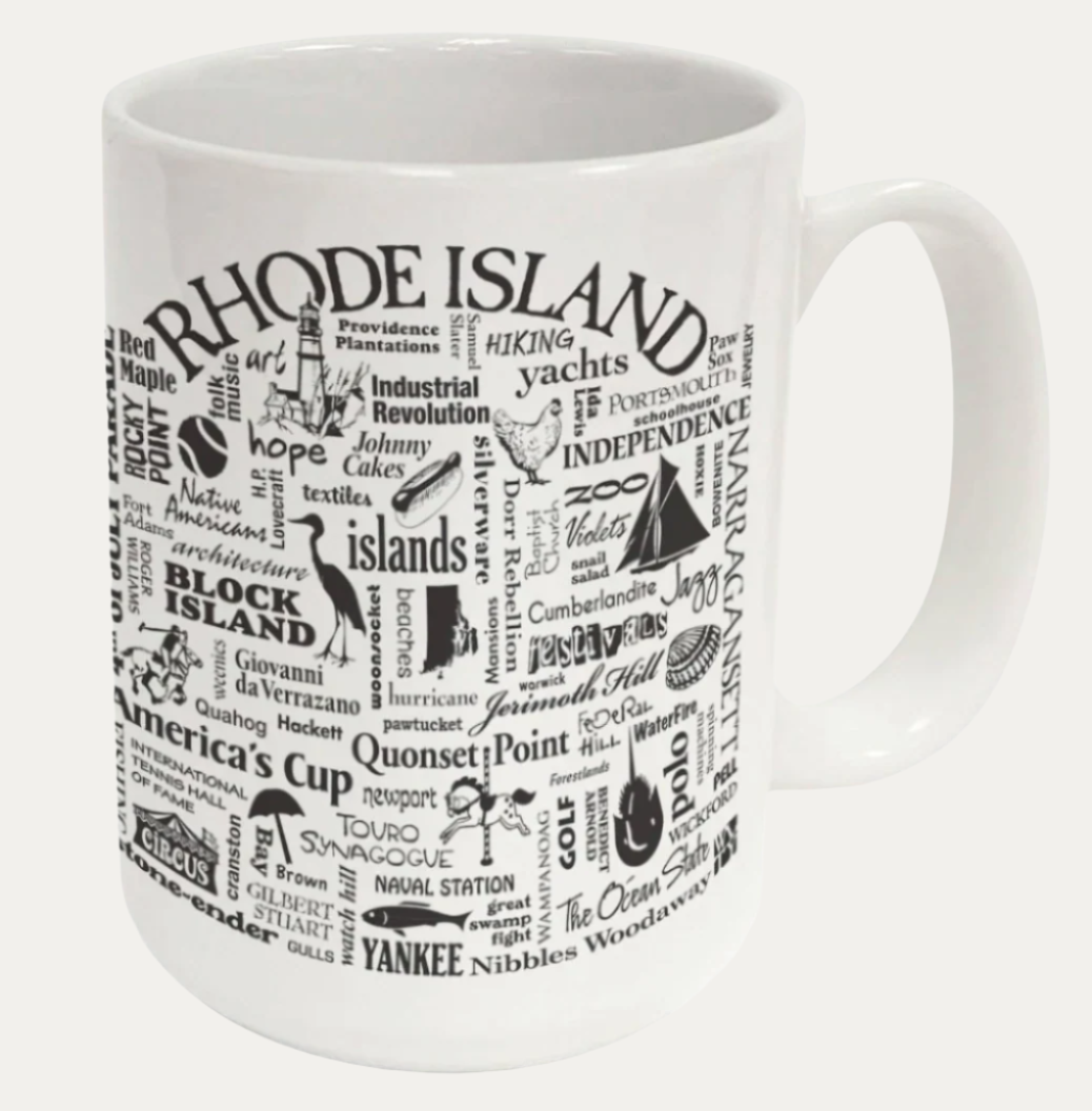 White mug with black text and graphics about Rhode Island on a white background