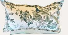 Load image into Gallery viewer, Decorative pillow with bird and floral pattern on a plain background
