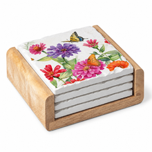 Load image into Gallery viewer, Zinnias &amp; Butterfly Stone Coasters in Wooden Holder- S/4
