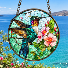 Load image into Gallery viewer, Hummingbird Garden Stained Glass Suncatcher 6"

