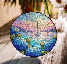 Load image into Gallery viewer, Sailboats/Hydrangeas Stained Glass Suncatcher 7.8"
