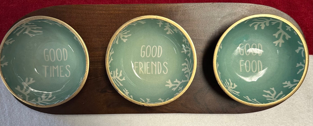 3 Enamel Dipping Bowls On Acacia Wood Tray