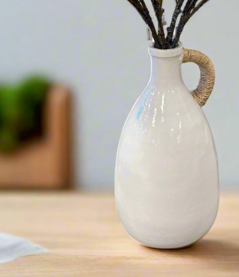 Large White Vase W/ Straw Wrapped Handle