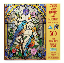 Load image into Gallery viewer, Stained Glass Flowers &amp; Bluebirds 500 pc Puzzle
