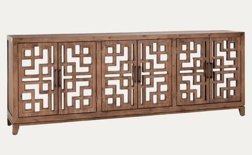 Wooden cabinet with mirrored geometric cut-out design on a white background