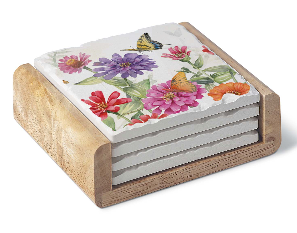 Zinnias & Butterfly Stone Coasters in Wooden Holder S/4