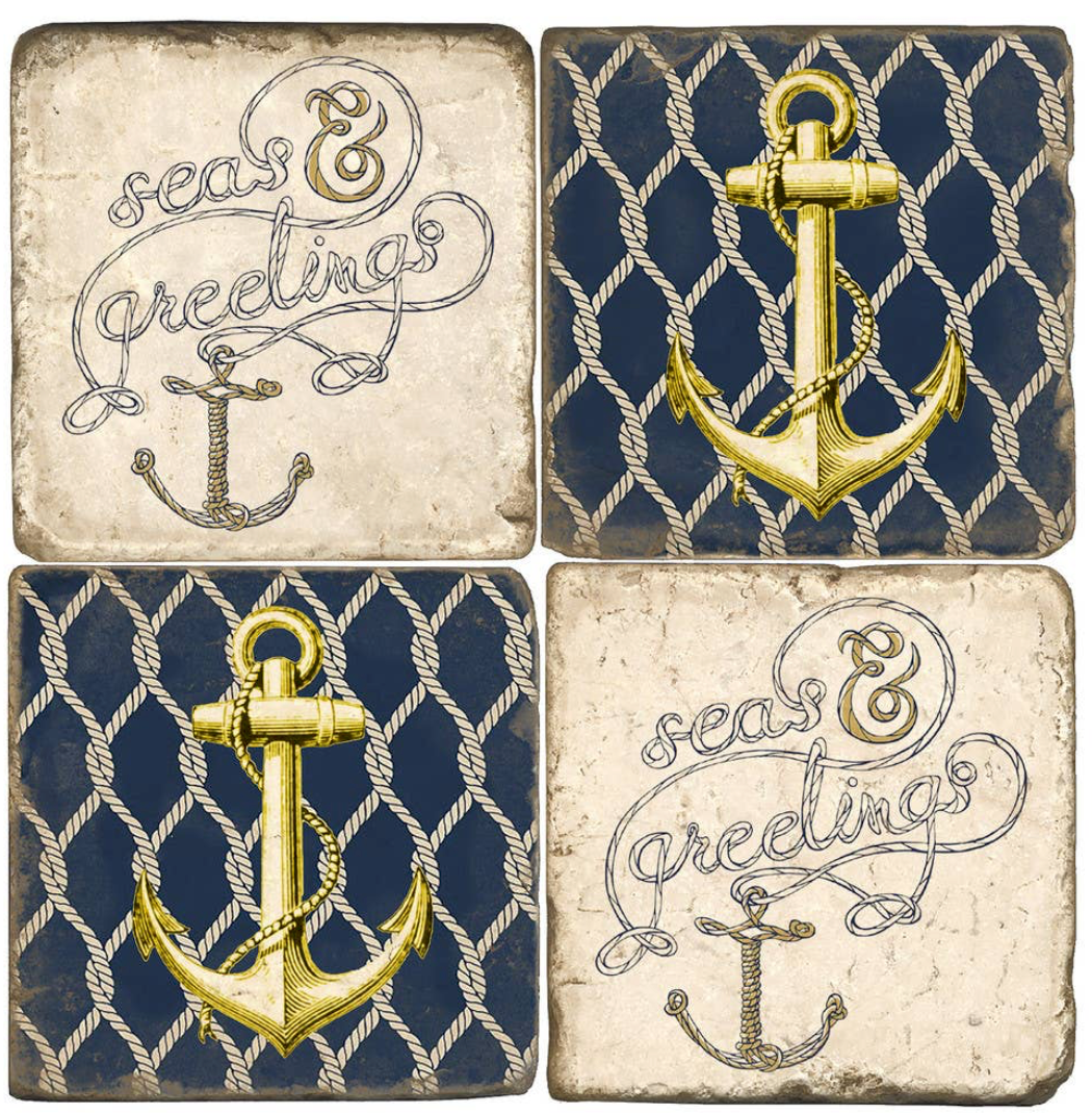 Blue Anchor Tumbled Marble Coaster