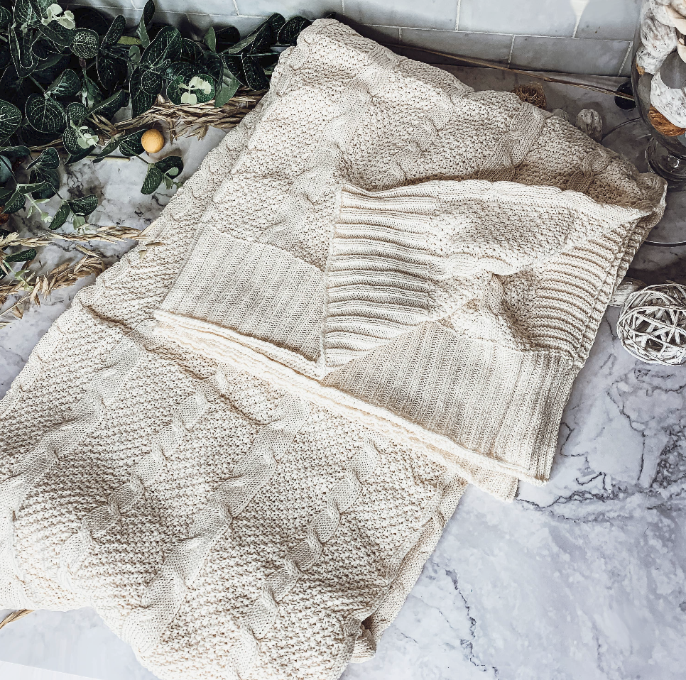 Knit Sweater Blanket- Ivory/White