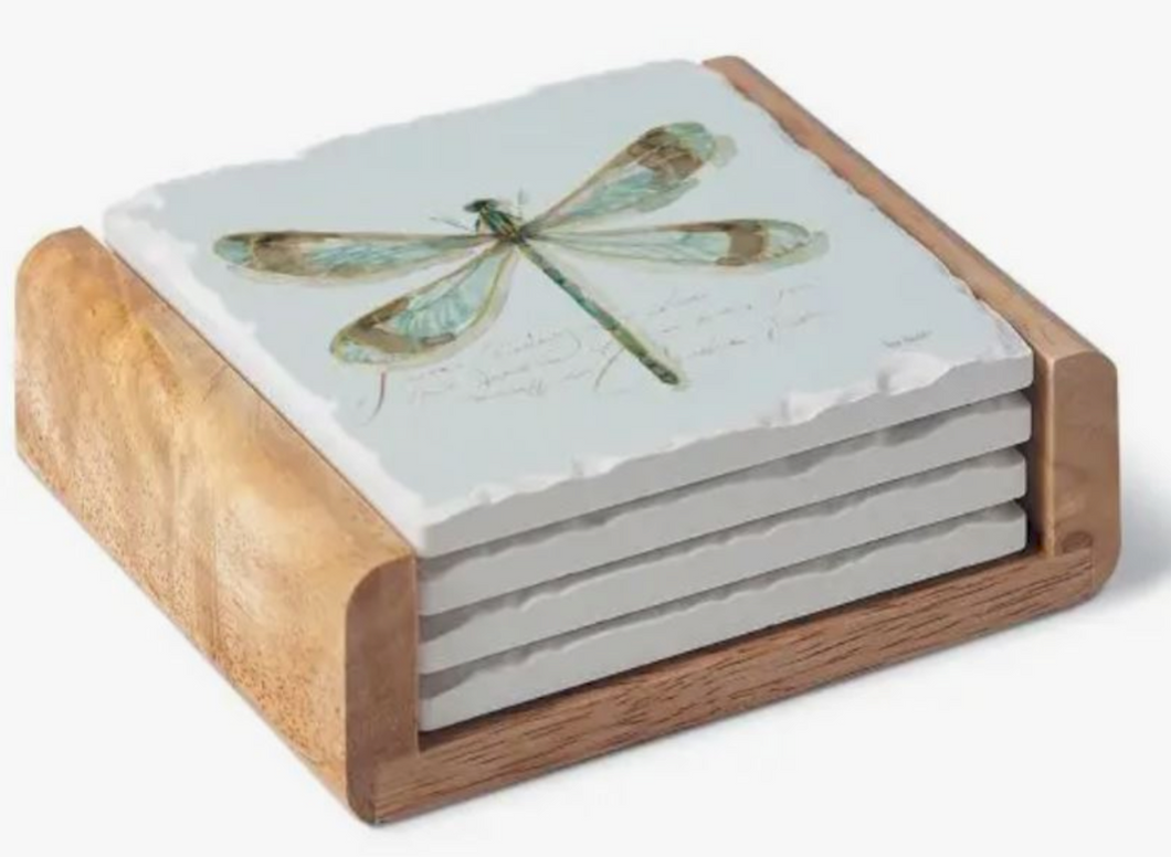 Dragonfly Tumbled Stone Coasters In Wood Holder S4