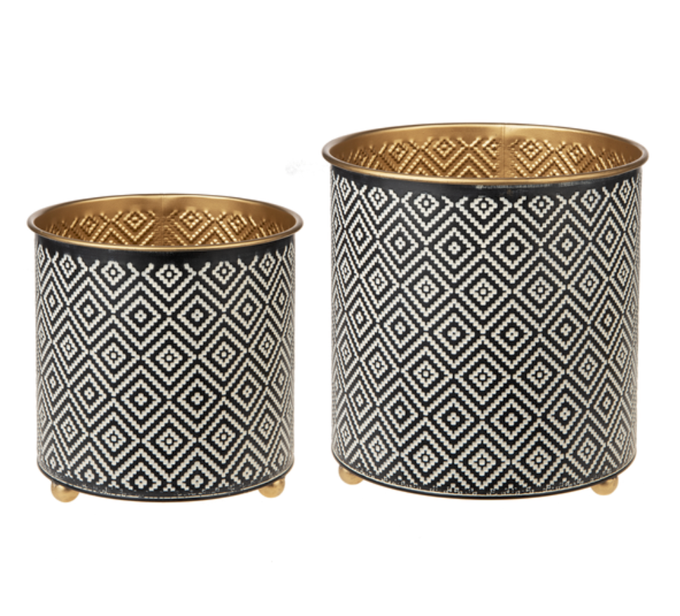 Black & White Woven Geo with Gold Planter