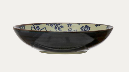 Ceramic bowl with blue floral patterns on a white background