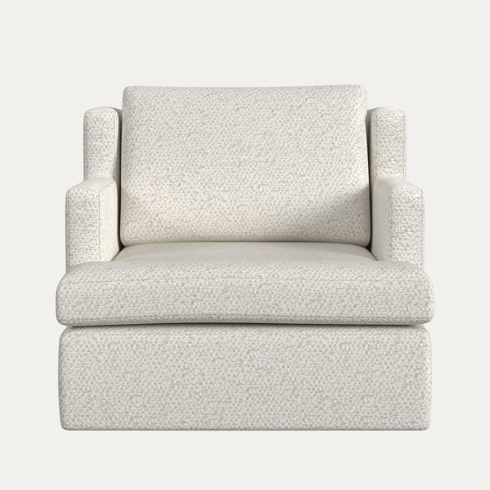 Beige armchair with textured fabric on a white background
