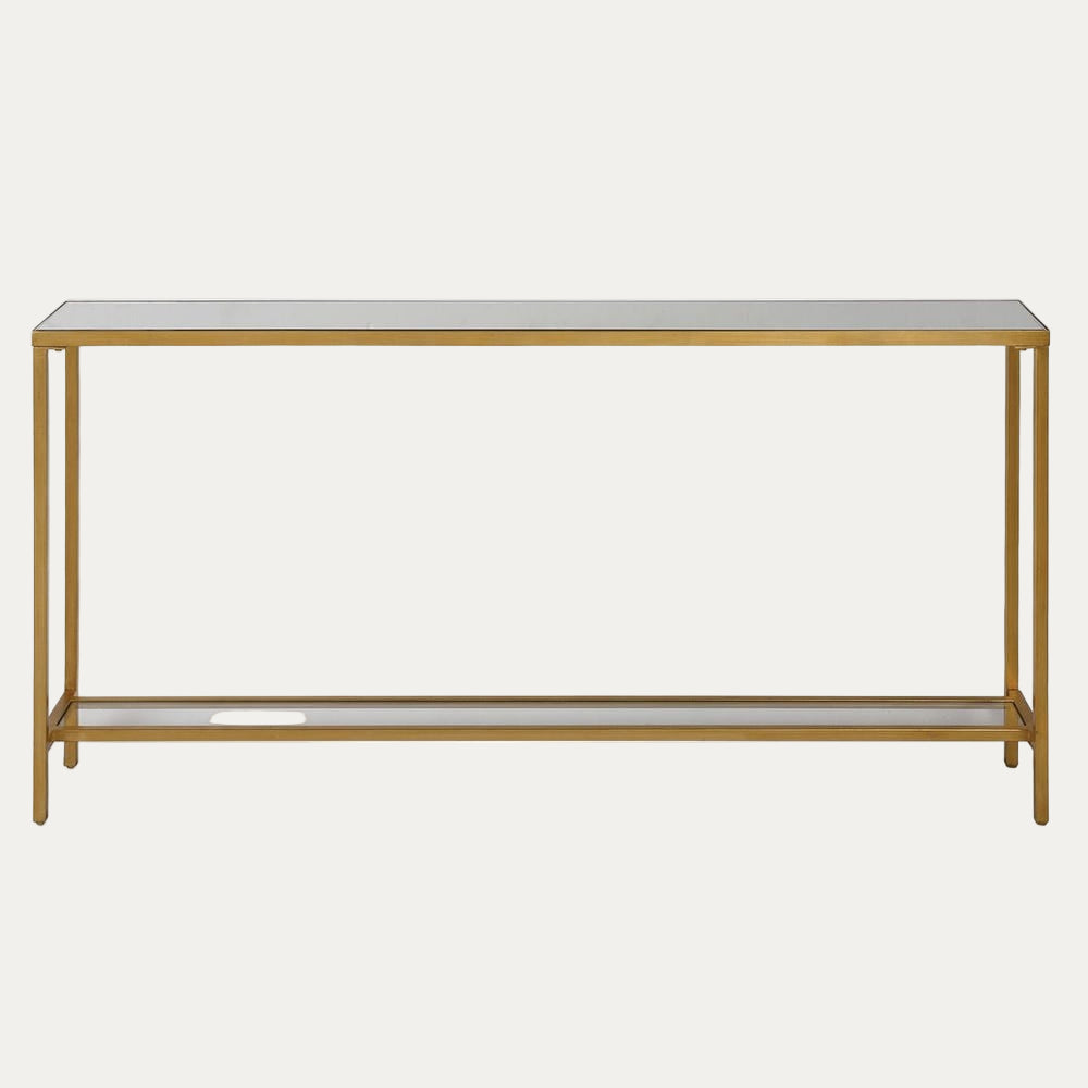 Console table with gold frame and white marble top on a white background