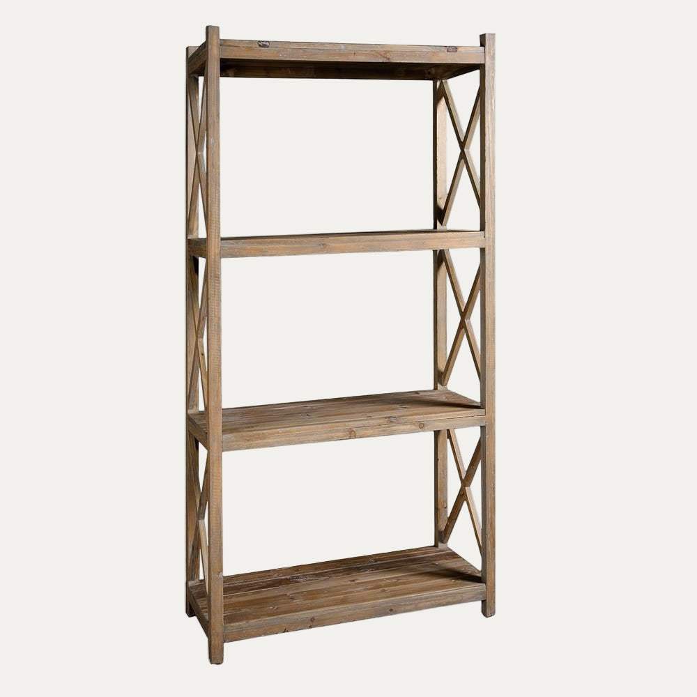 Wooden bookshelf with four shelves on a white background