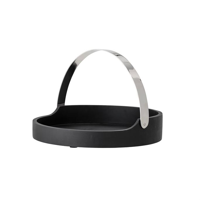 Black Acacia Round Tray w/ Nickel Metal Handle